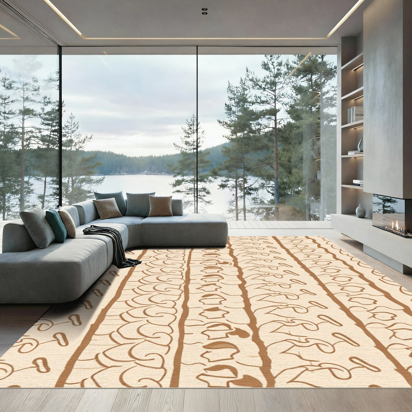 Cream Brown Abstract Vine Border Rug