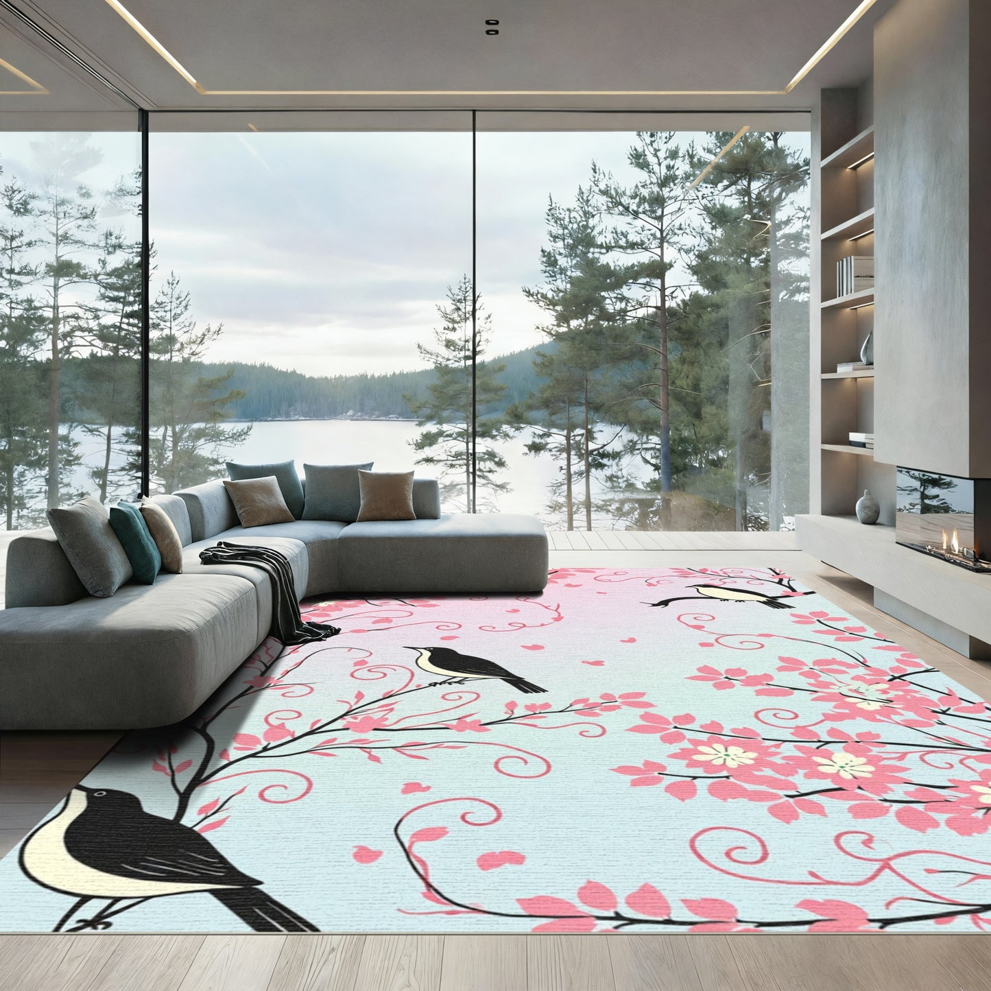 Pink Cherry Blossom Birds Swirls Rug