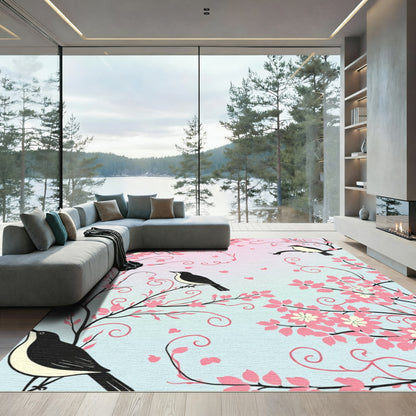 Pink Cherry Blossom Birds Swirls Rug