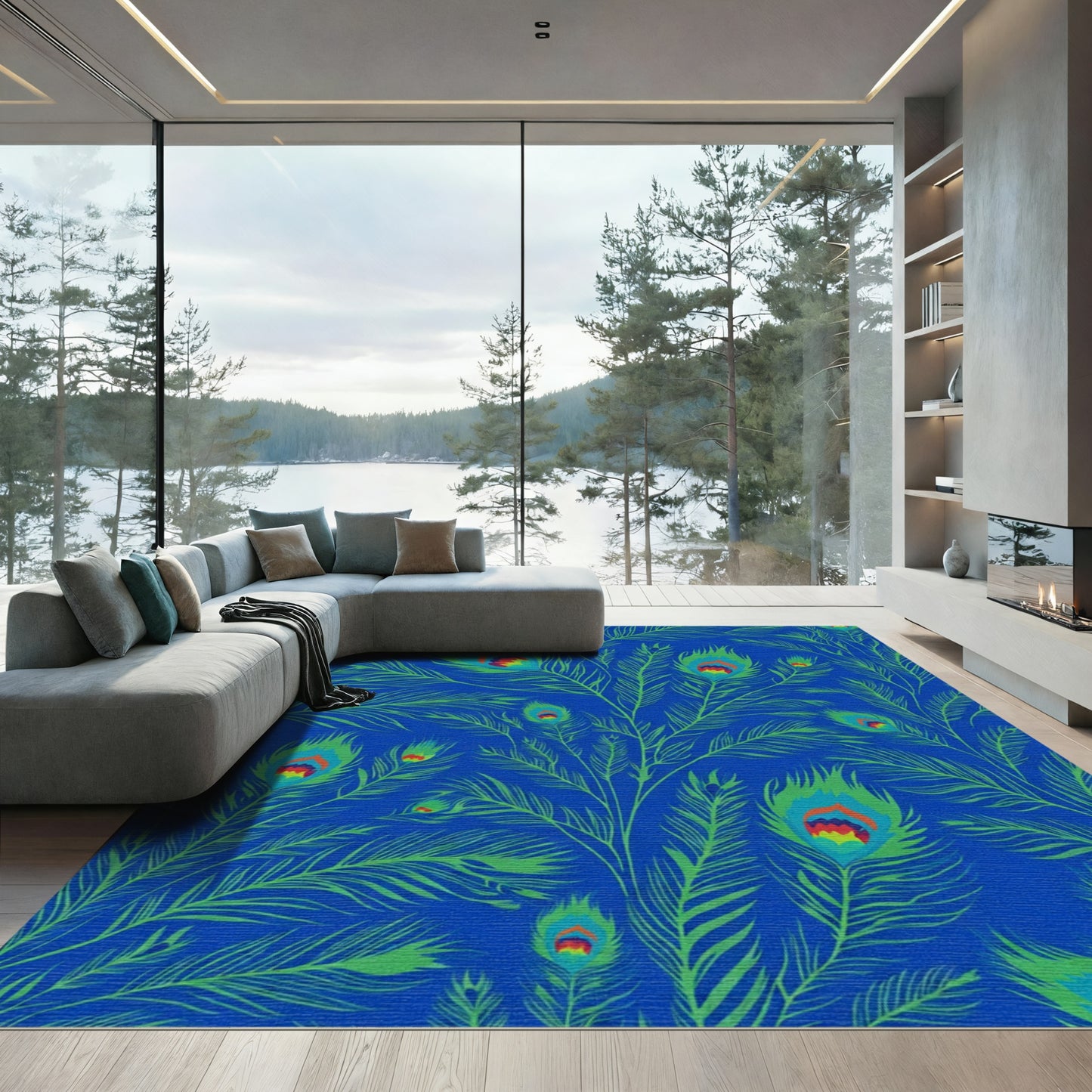 Vibrant Blue Green Peacock Feather Rug