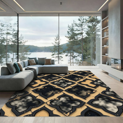 Black And Gold Quatrefoil Lattice Rug