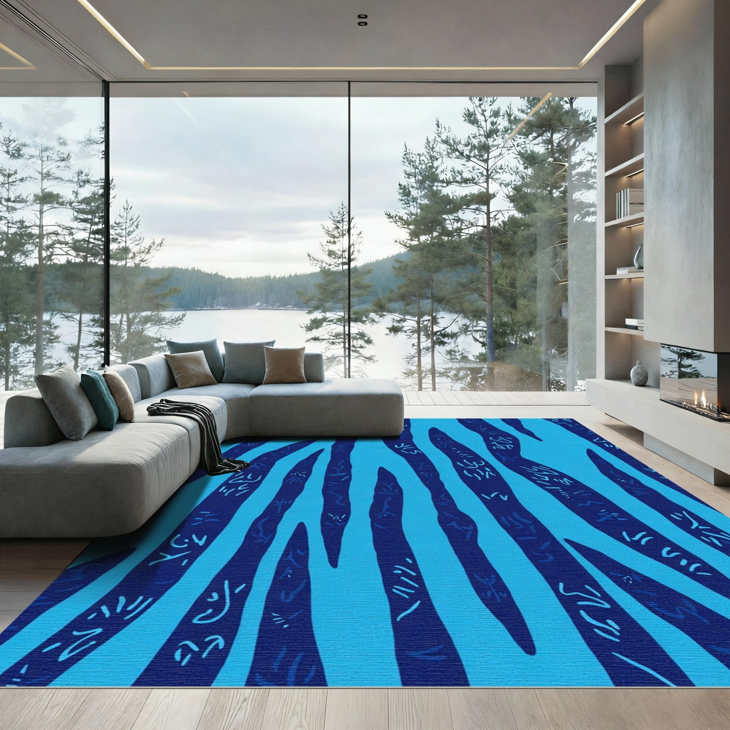 Deep Blue Organic Stripe Calligraphy Rug