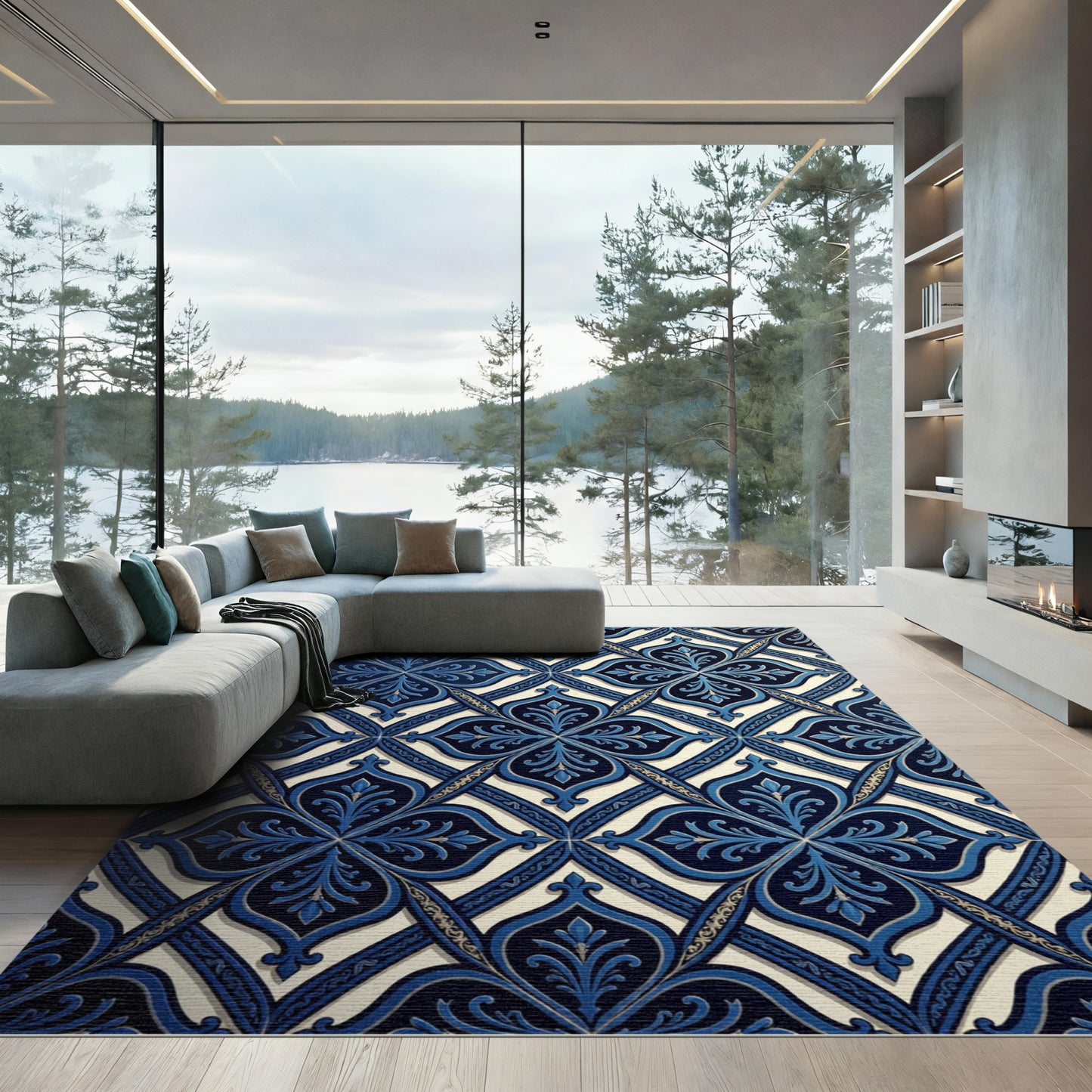 Deep Blue Intricate Lattice Motif Rug