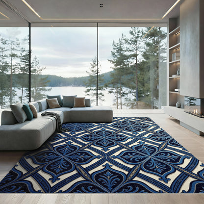 Deep Blue Intricate Lattice Motif Rug