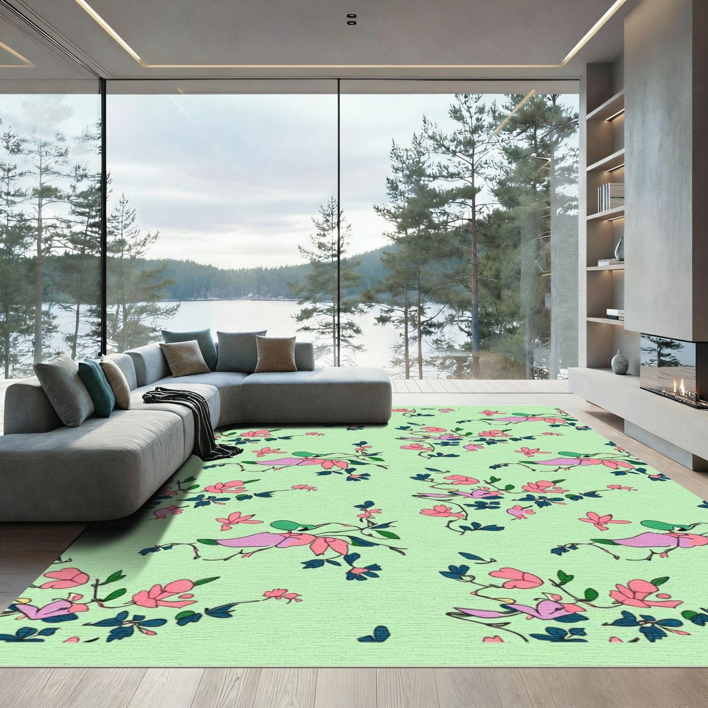 Light Green Pink Floral Bird Branch Rug