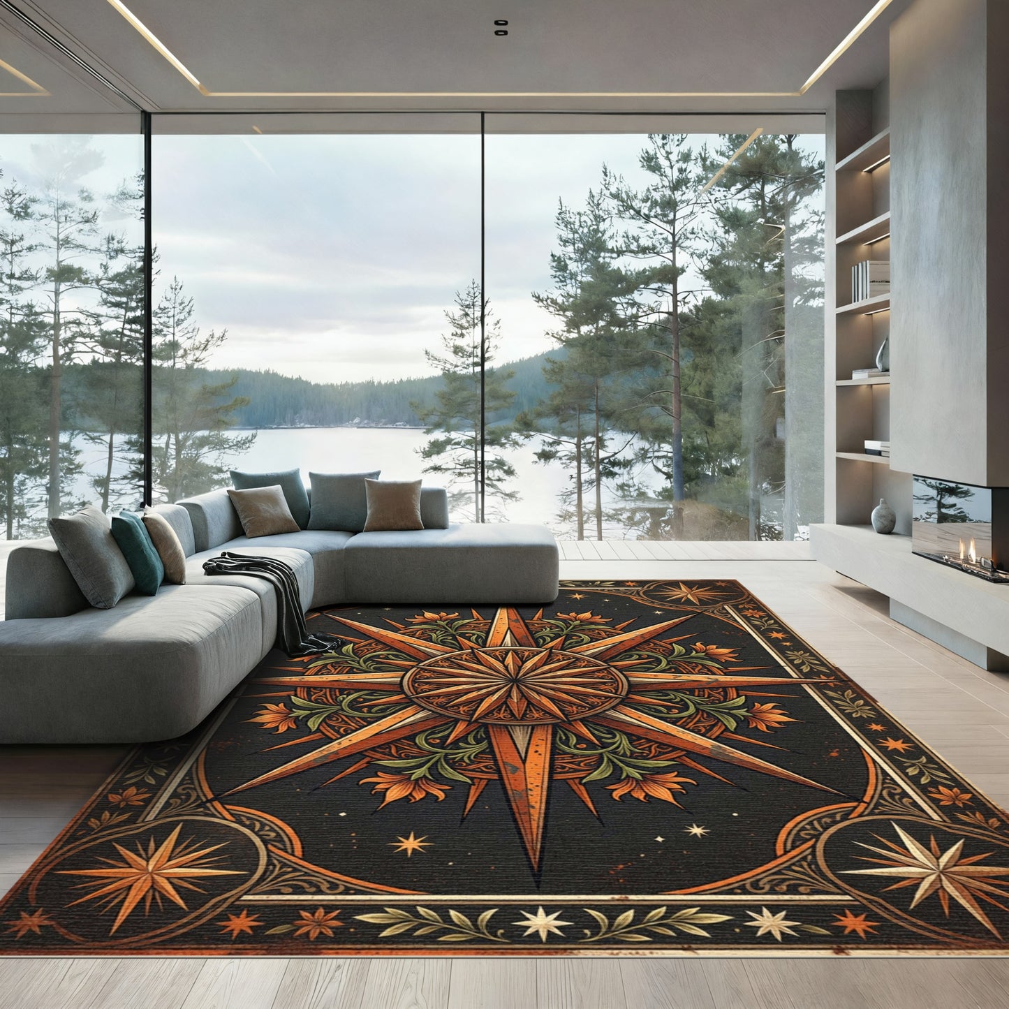 Celestial Copper Floral Compass Star Rug