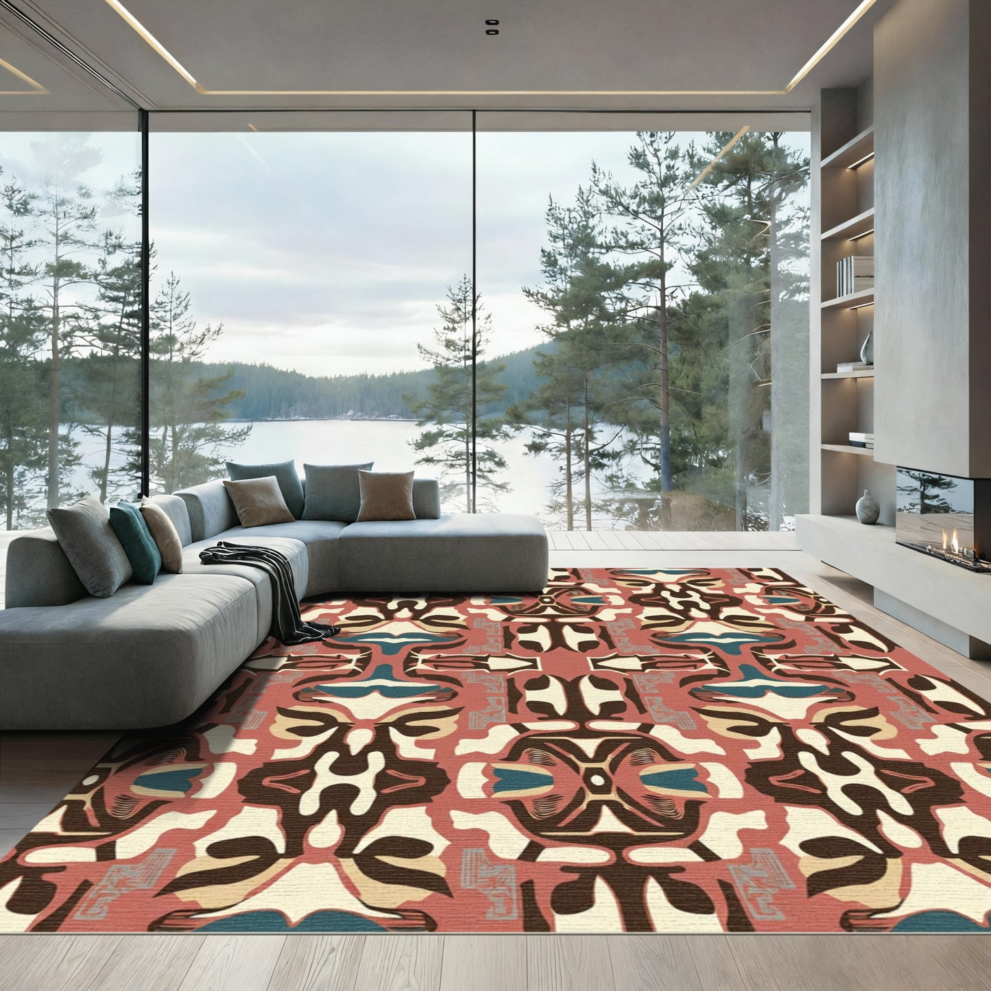 Abstract Terracotta Ivory Tribal Symmetry Rug