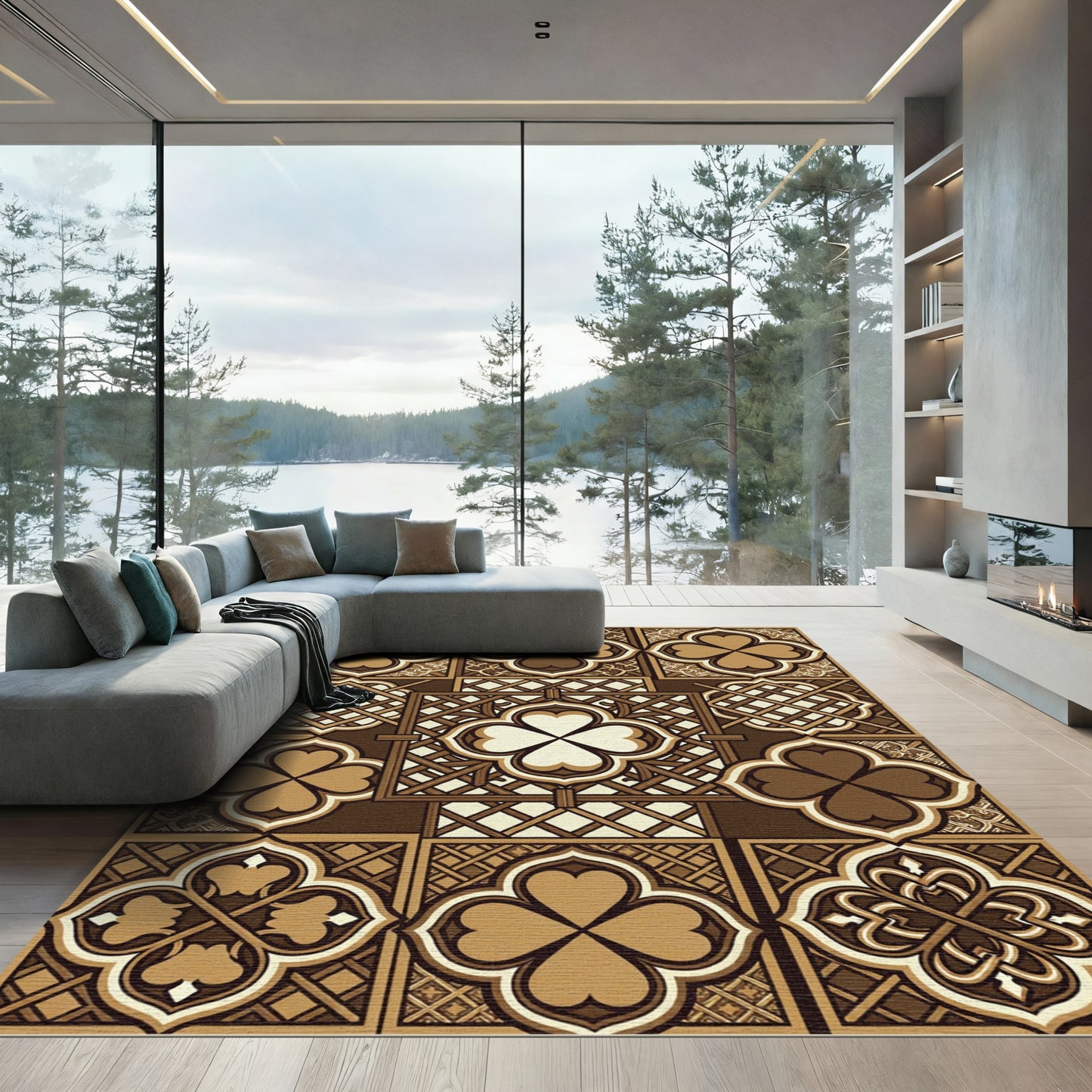 Brown Clover Lattice Geometric Tiles Rug