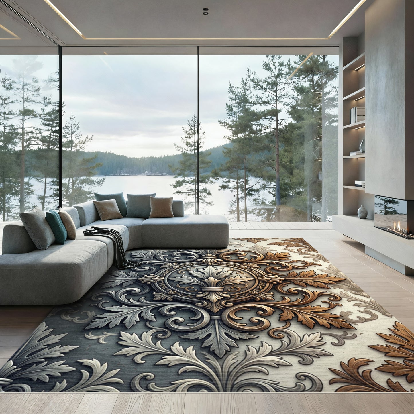 Elegant Silver and Gold Acanthus Medallion Rug