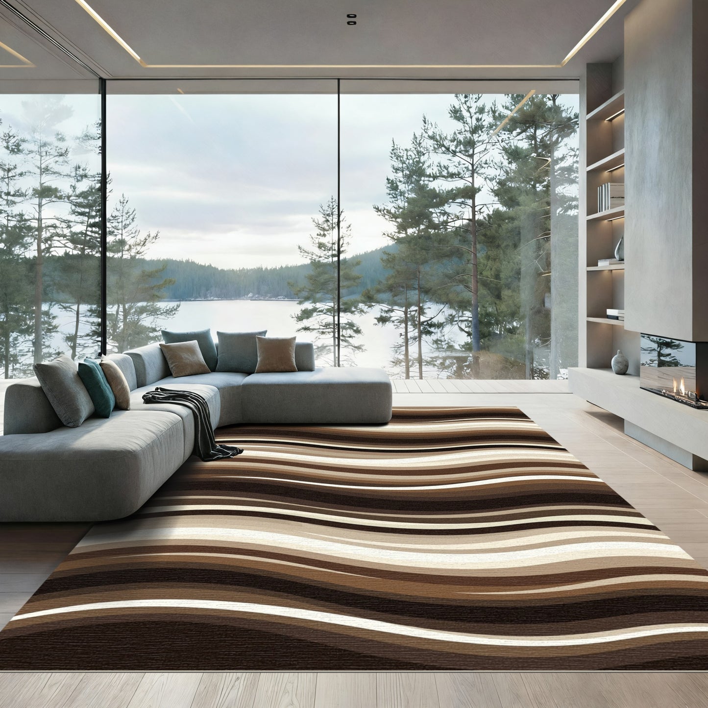 Earthy Brown And Cream Wave Rug