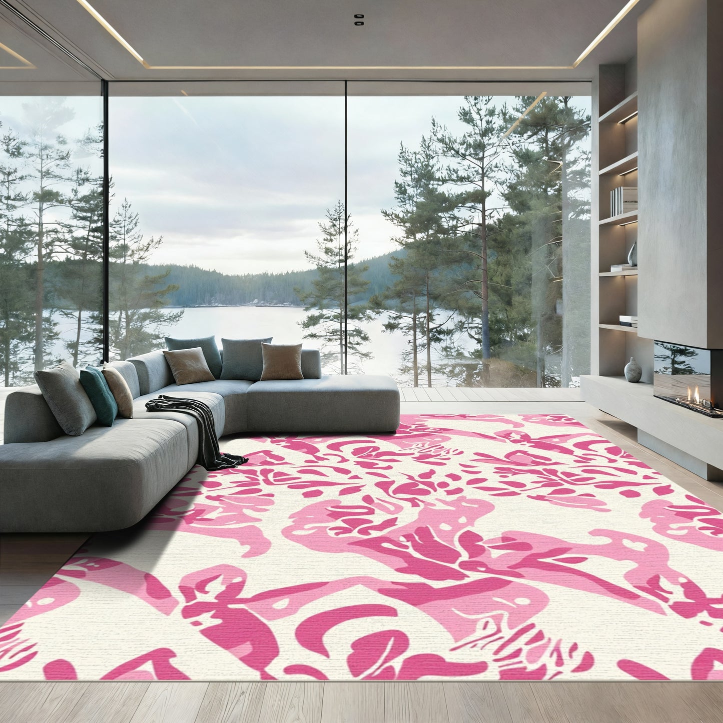 Bold Pink Abstract Floral Swirl Rug