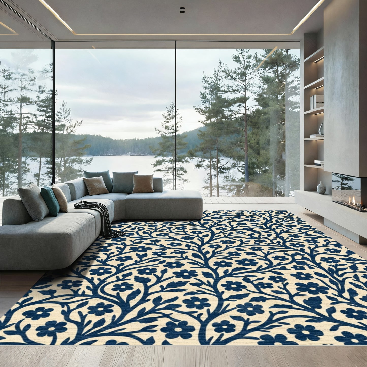 Deep Blue Floral Branch Vine Rug