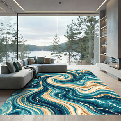 Turquoise Gold Swirl Marbling Rug