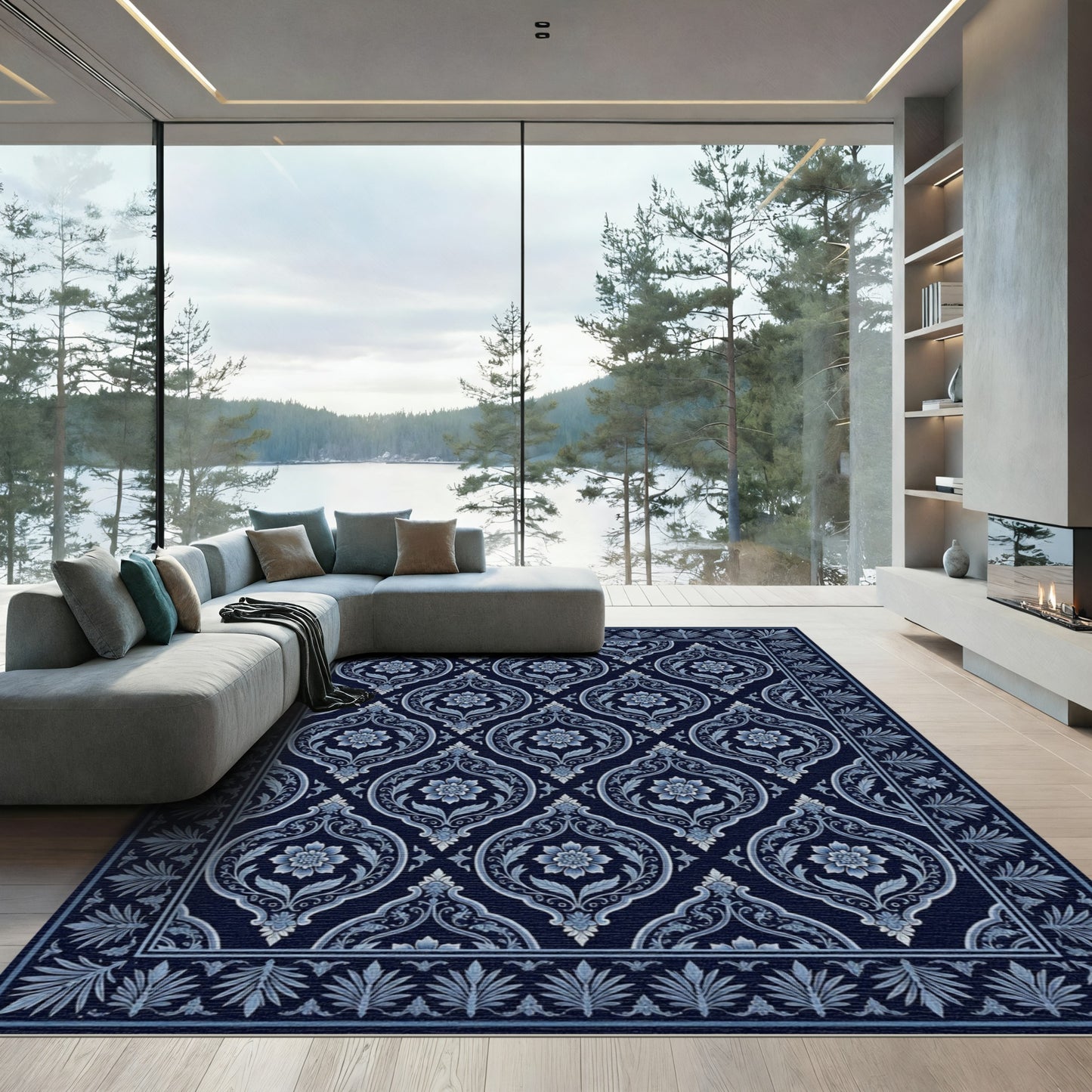 Deep Blue Floral Damask Border Rug