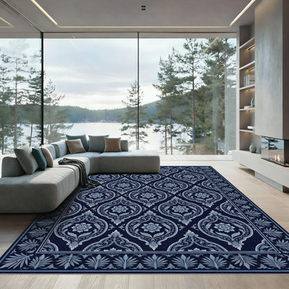 Deep Blue Floral Damask Border Rug
