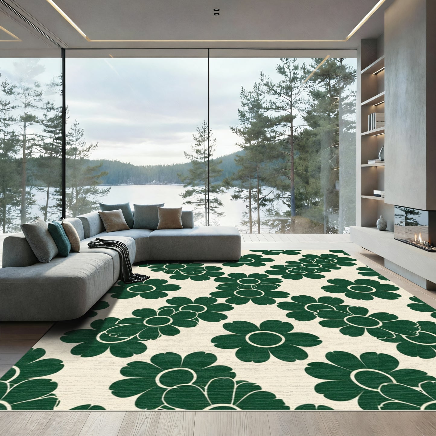 Dark Green Daisy Garden Layout Rug