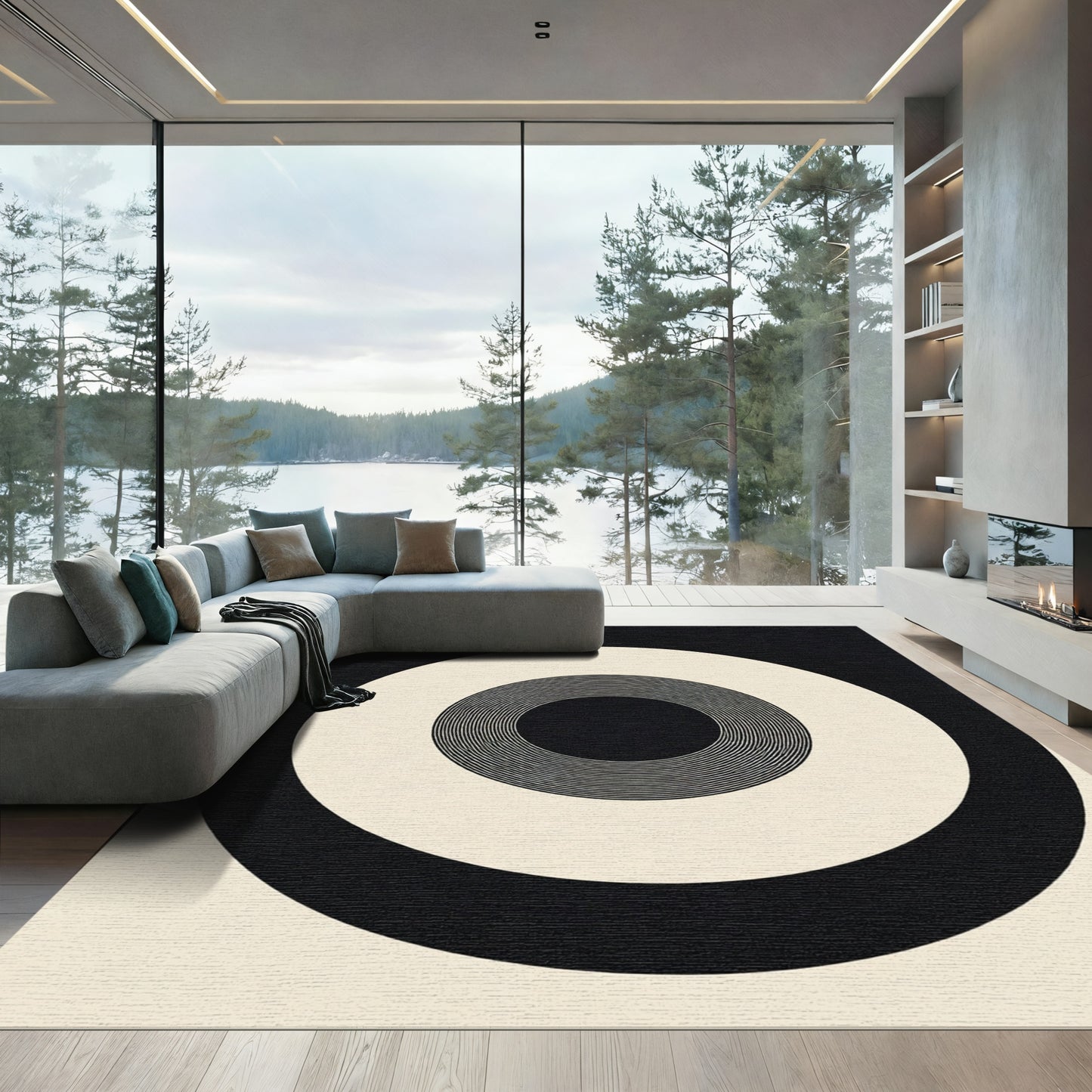 Black Cream Concentric Circles Rug