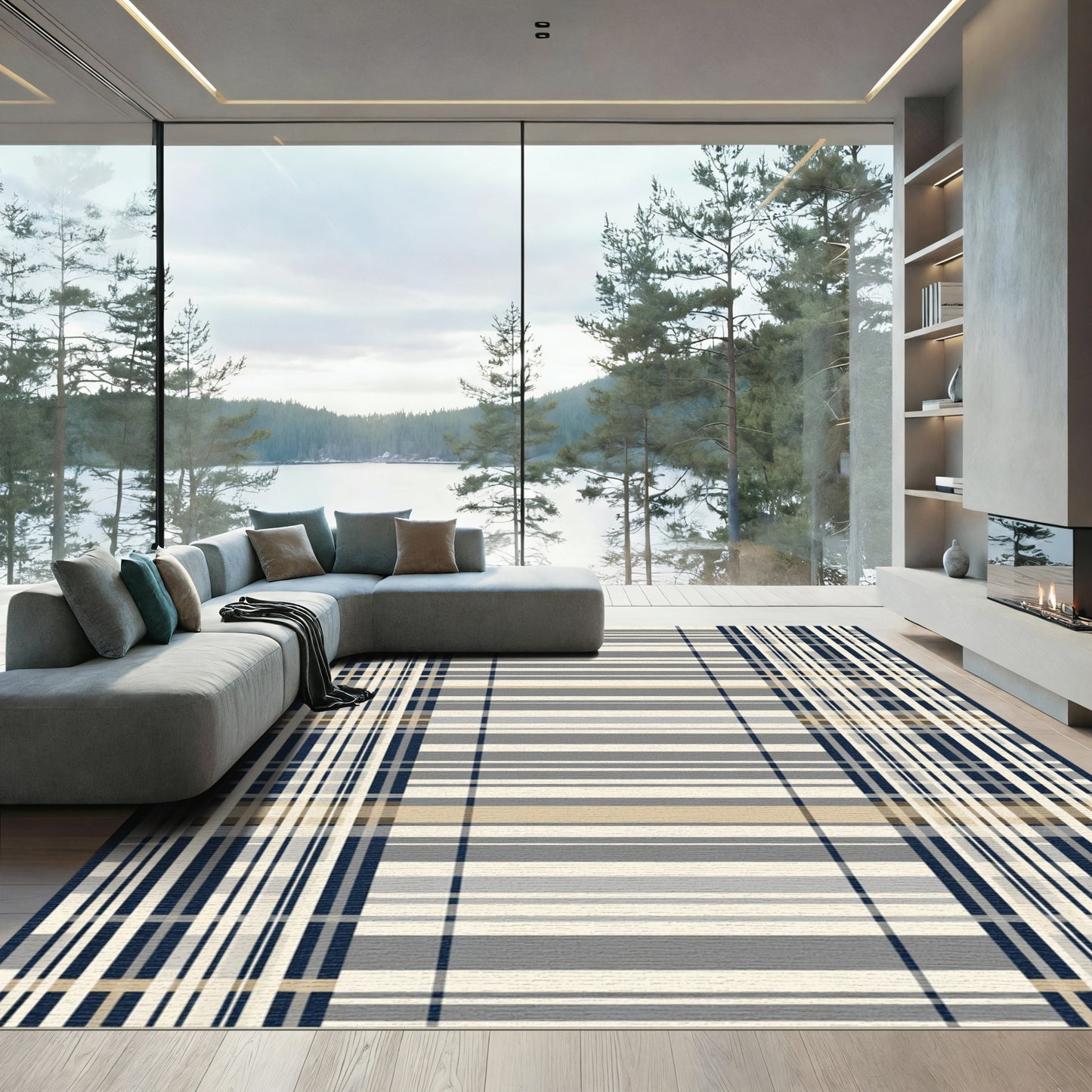 Navy Cream Tan Plaid Stripe Rug