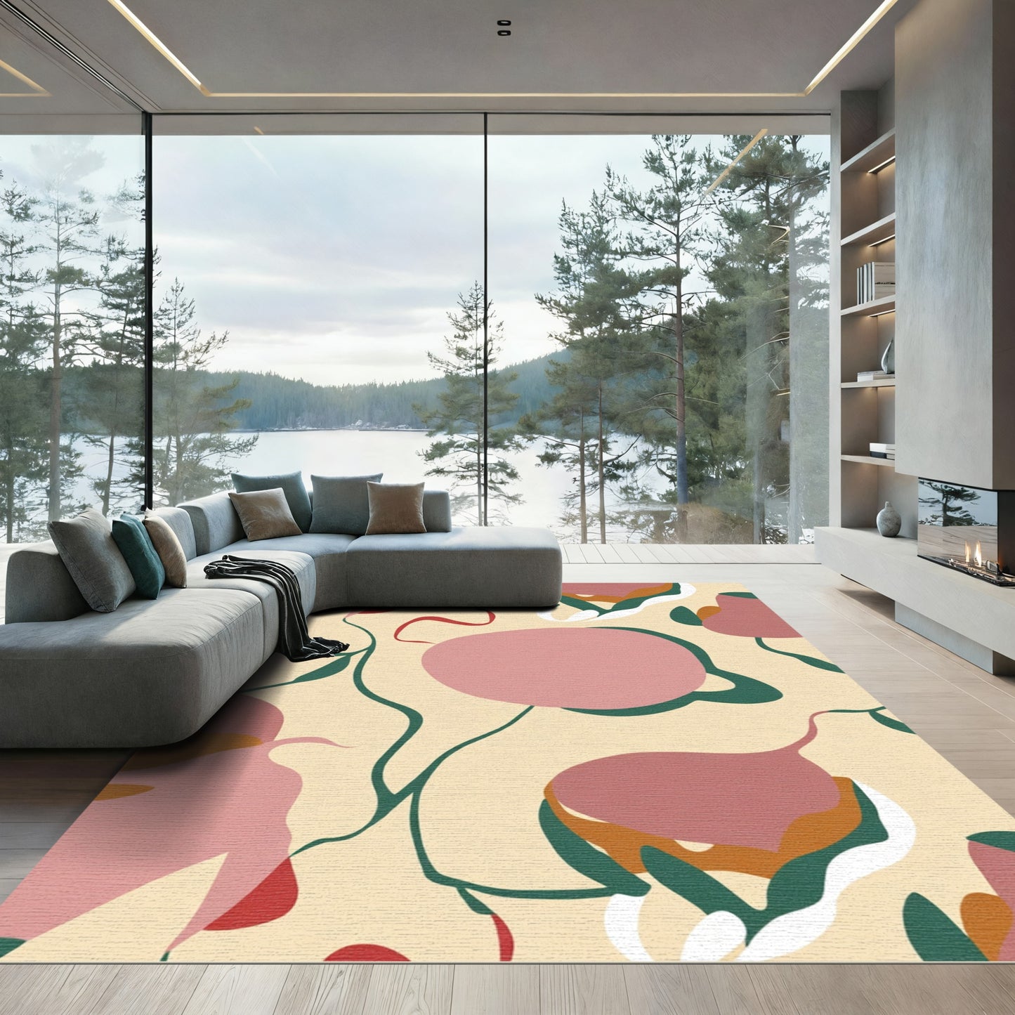 Pink Blush Abstract Swirl Botanical Rug