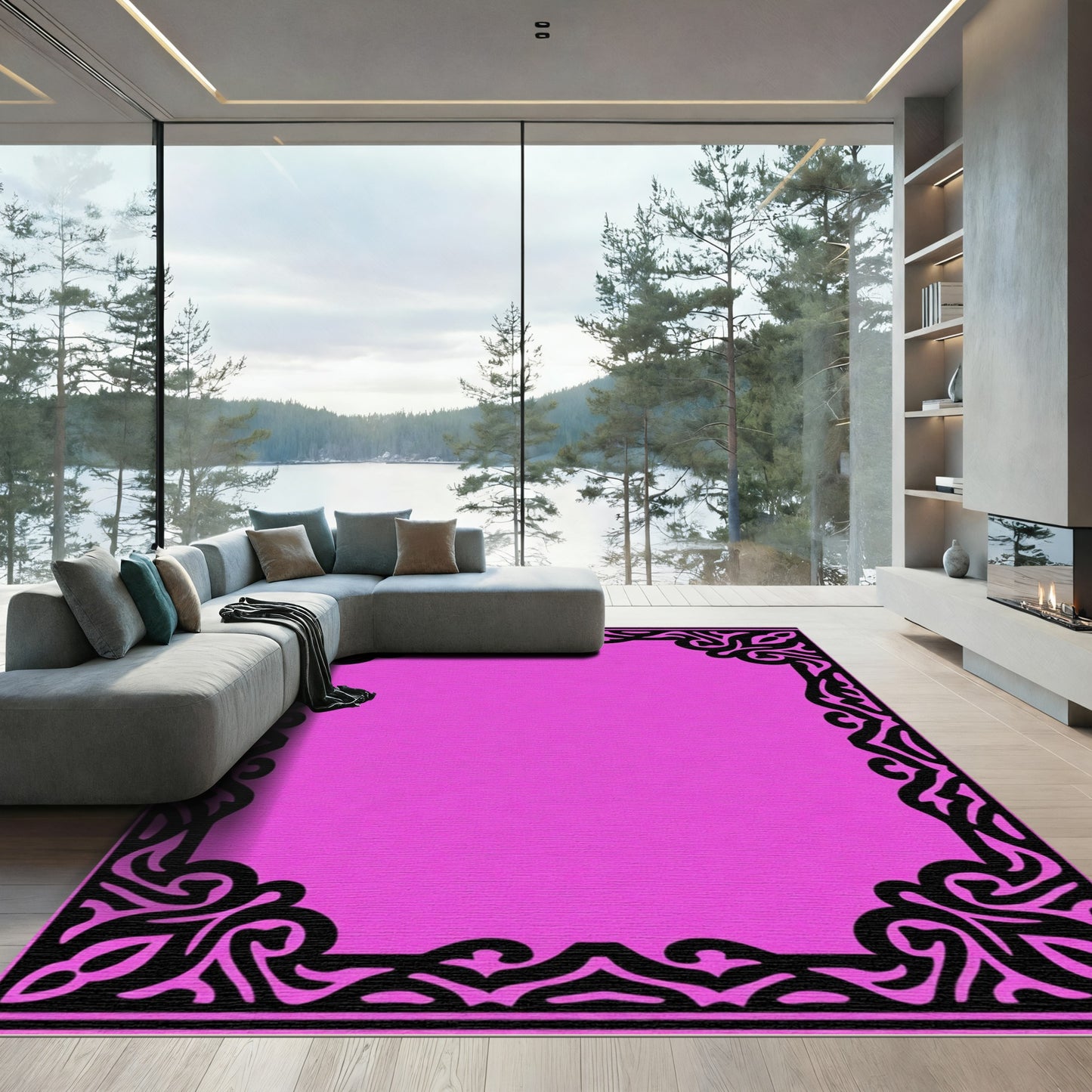 Vibrant Pink Scrollwork Border Rug