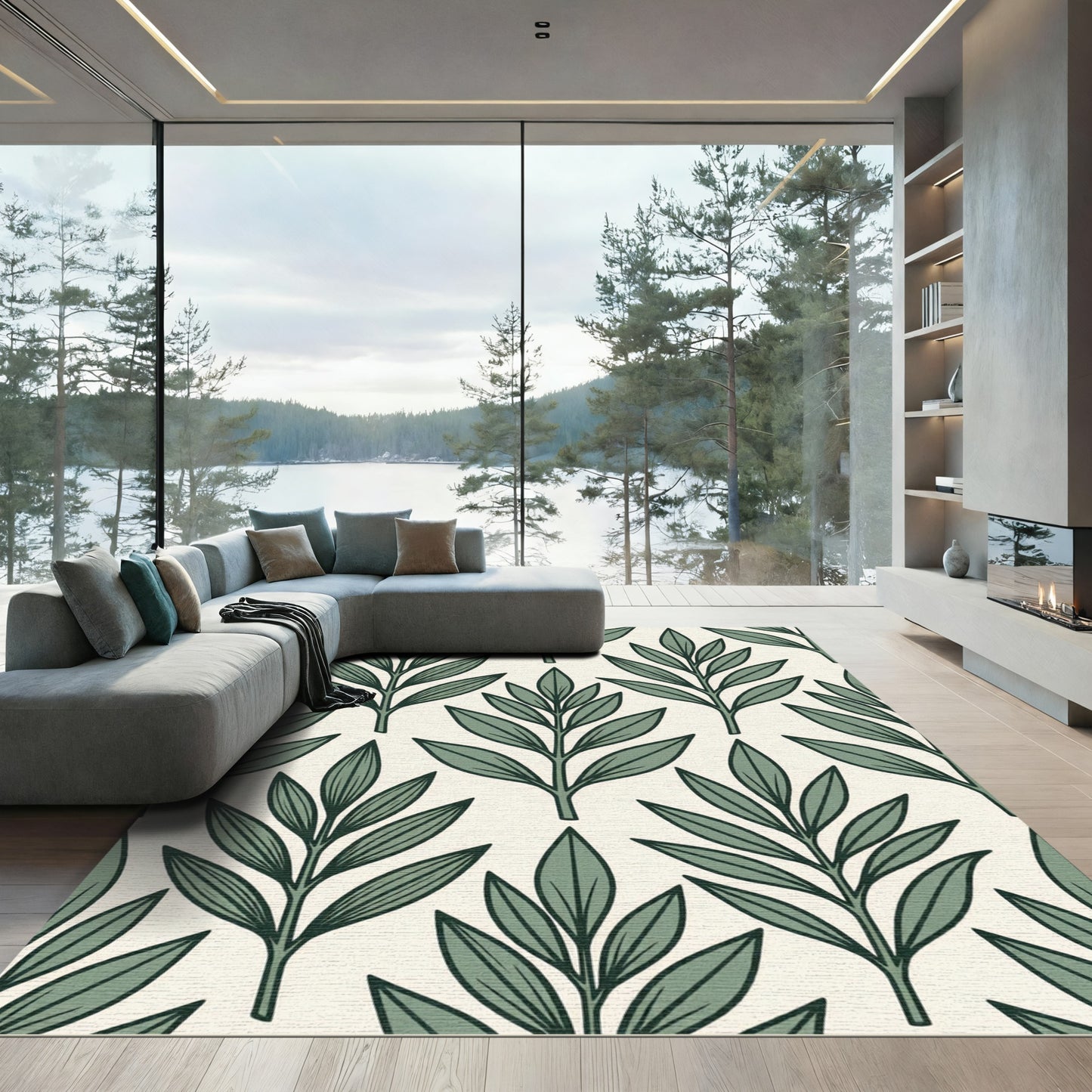 Sage Botanical Leaf Vine Tile Rug