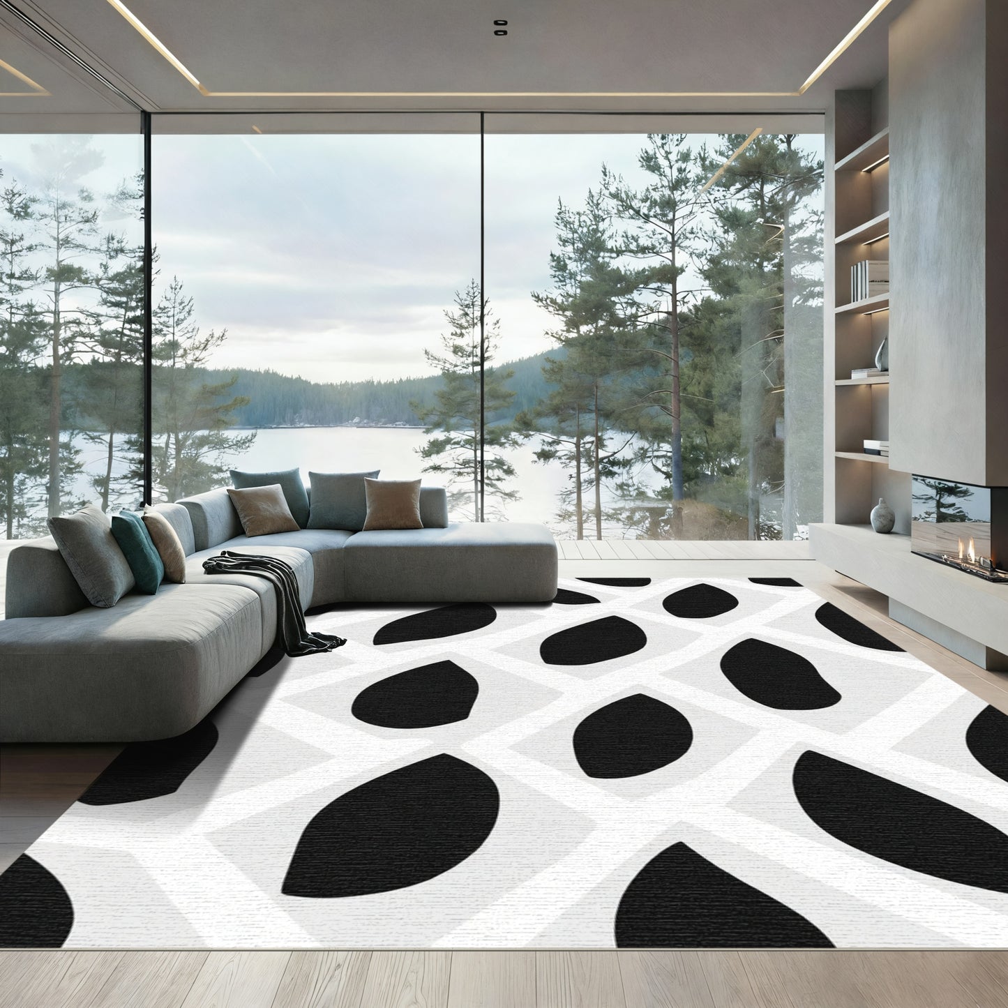 Black Organic Forms Grid Rug