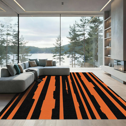 Bold Orange Black Uneven Stripes Rug