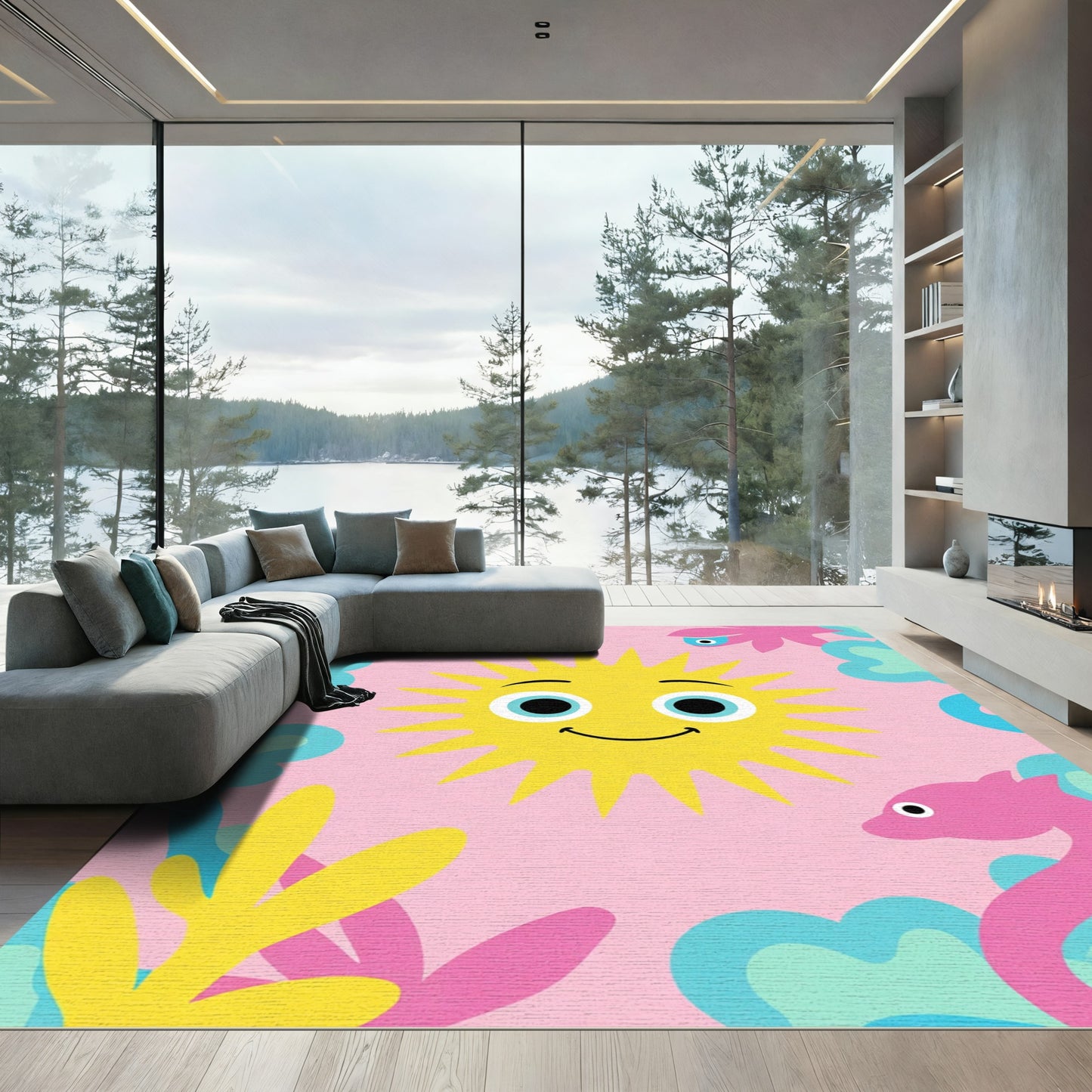 Joyful Pink Sun Beach Day Rug