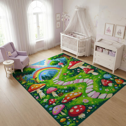 Whimsical Mushroom Rainbow Forest Path Rug