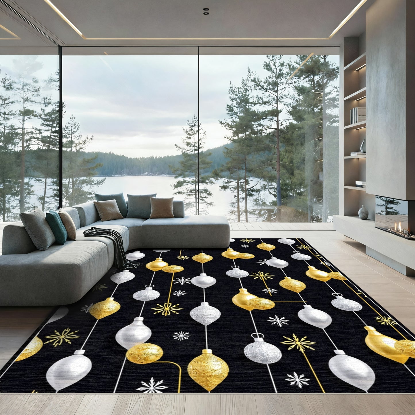 Gold Silver Christmas Ornaments Snowflakes Rug