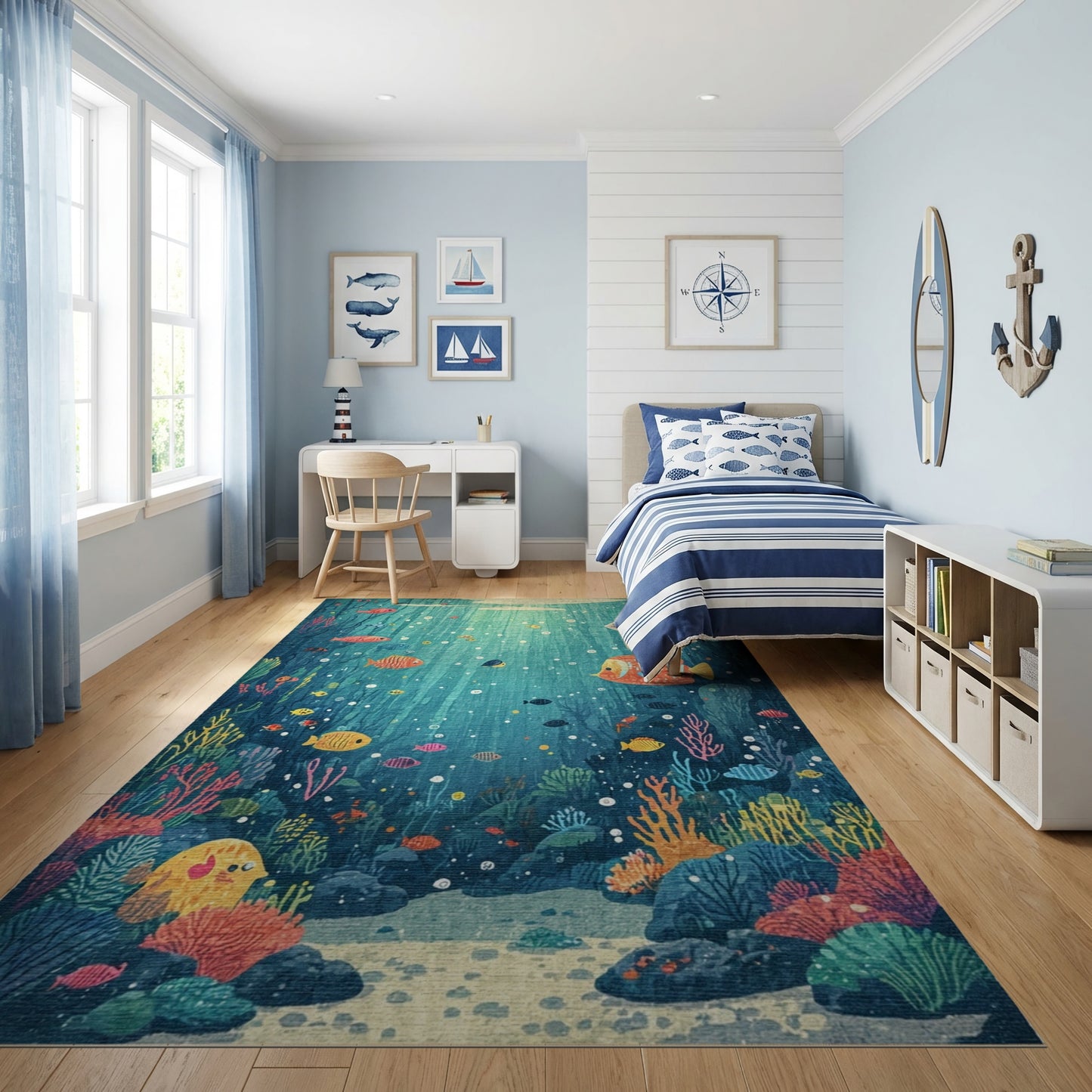 Whimsical Teal Fish Coral Sunbeam Rug