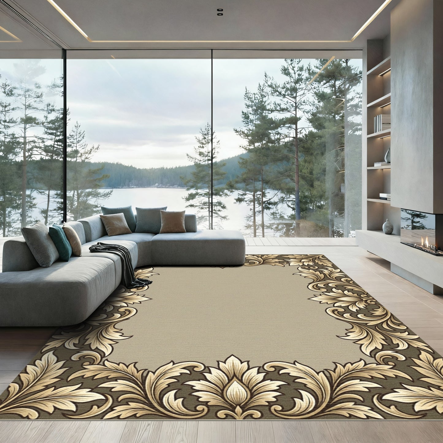 Ornate Gold Leaf Scroll Border Rug