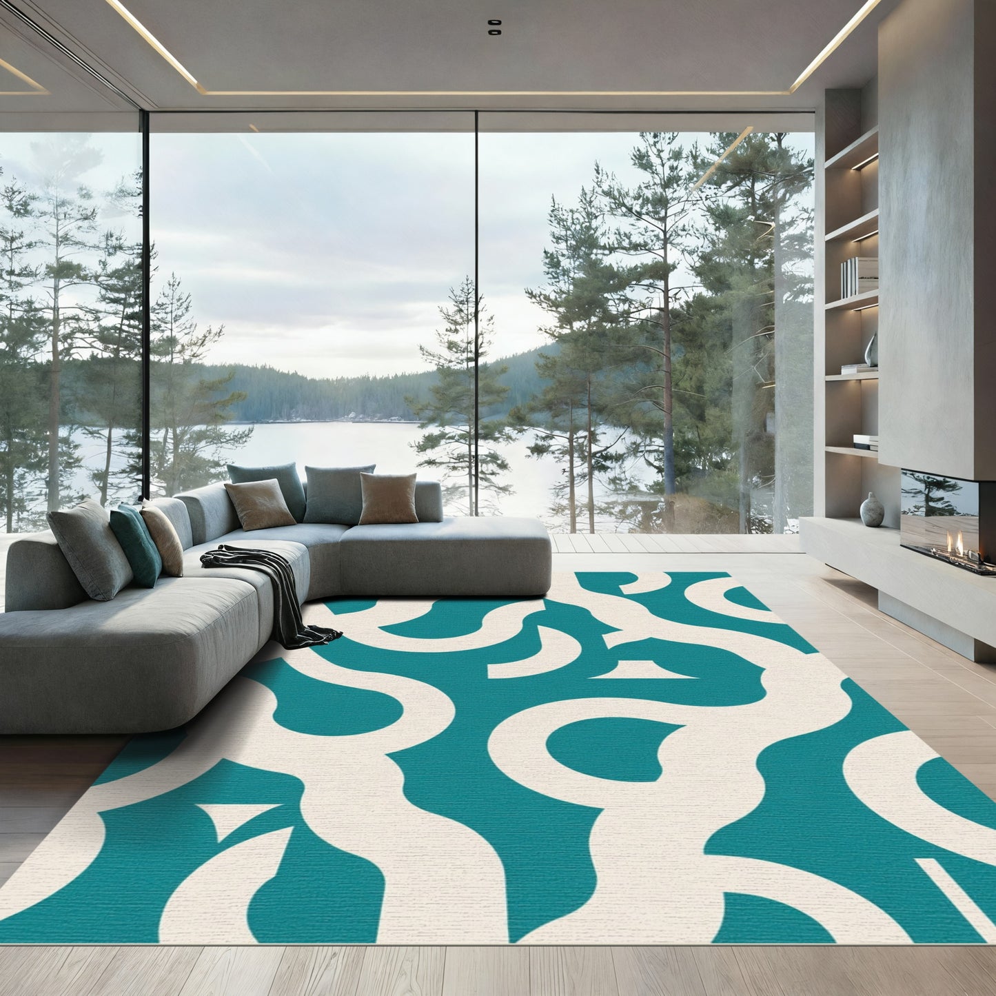 Teal White Interlocking Curves Rug