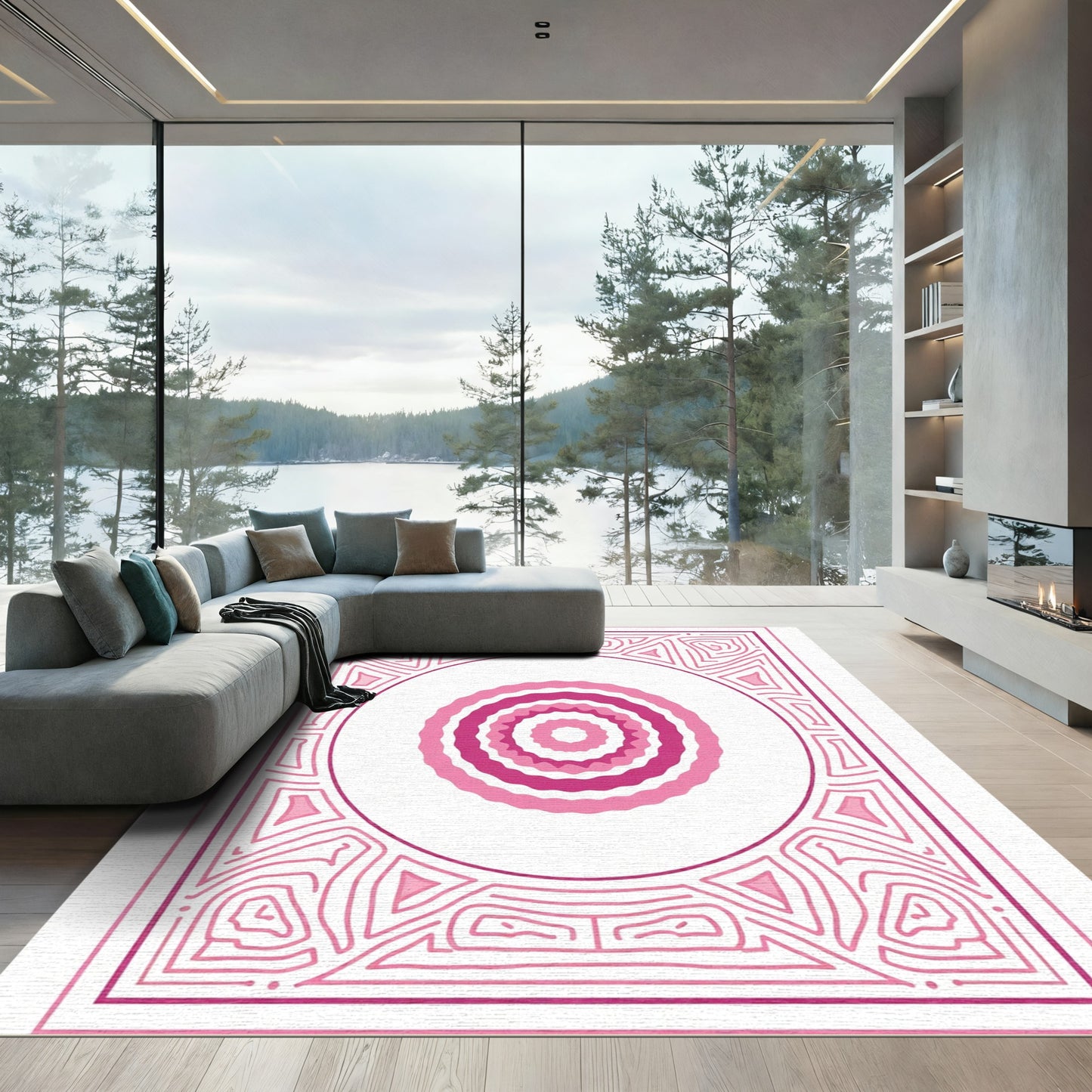 Pink Concentric Scallop Border Rug