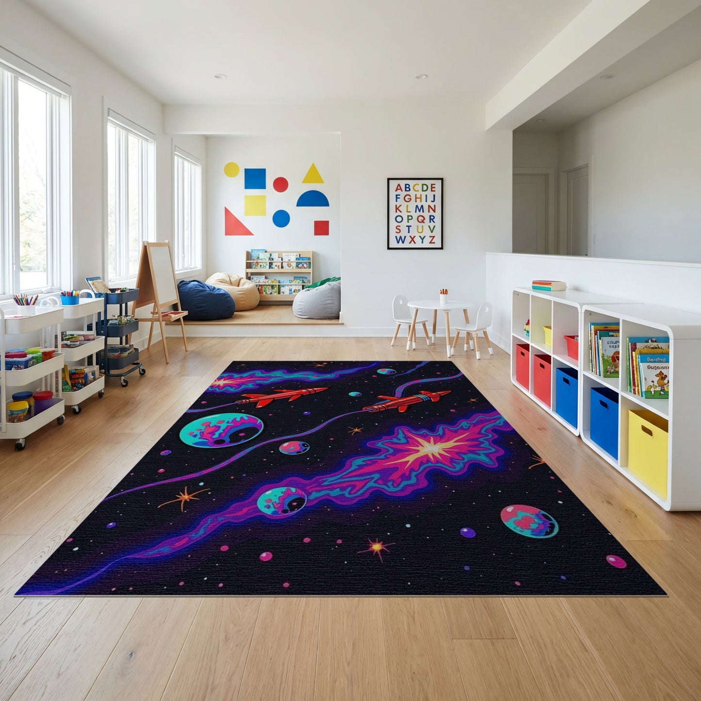 Retro Red Rockets Cosmic Nebulae Rug