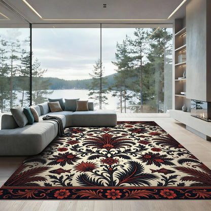 Black and Crimson Botanical Fish Medallion Rug