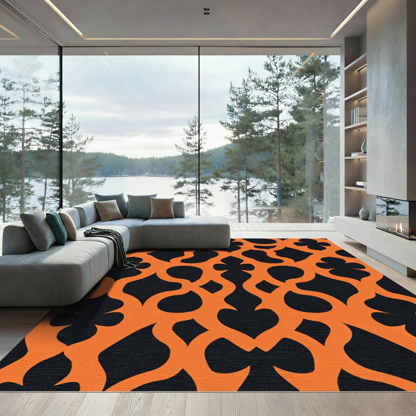 Orange Black Lattice Trellis Rug