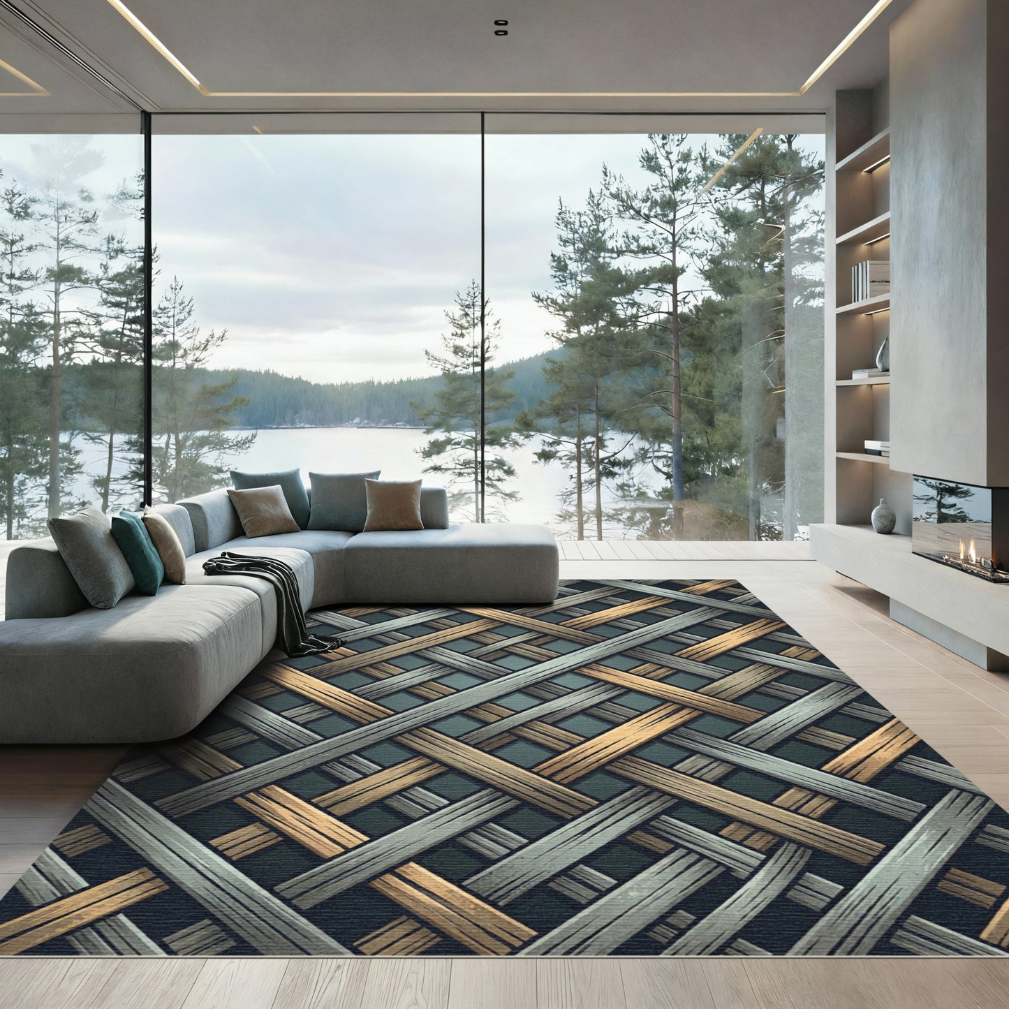 Interwoven Metallic Gray and Gold Lattice Rug