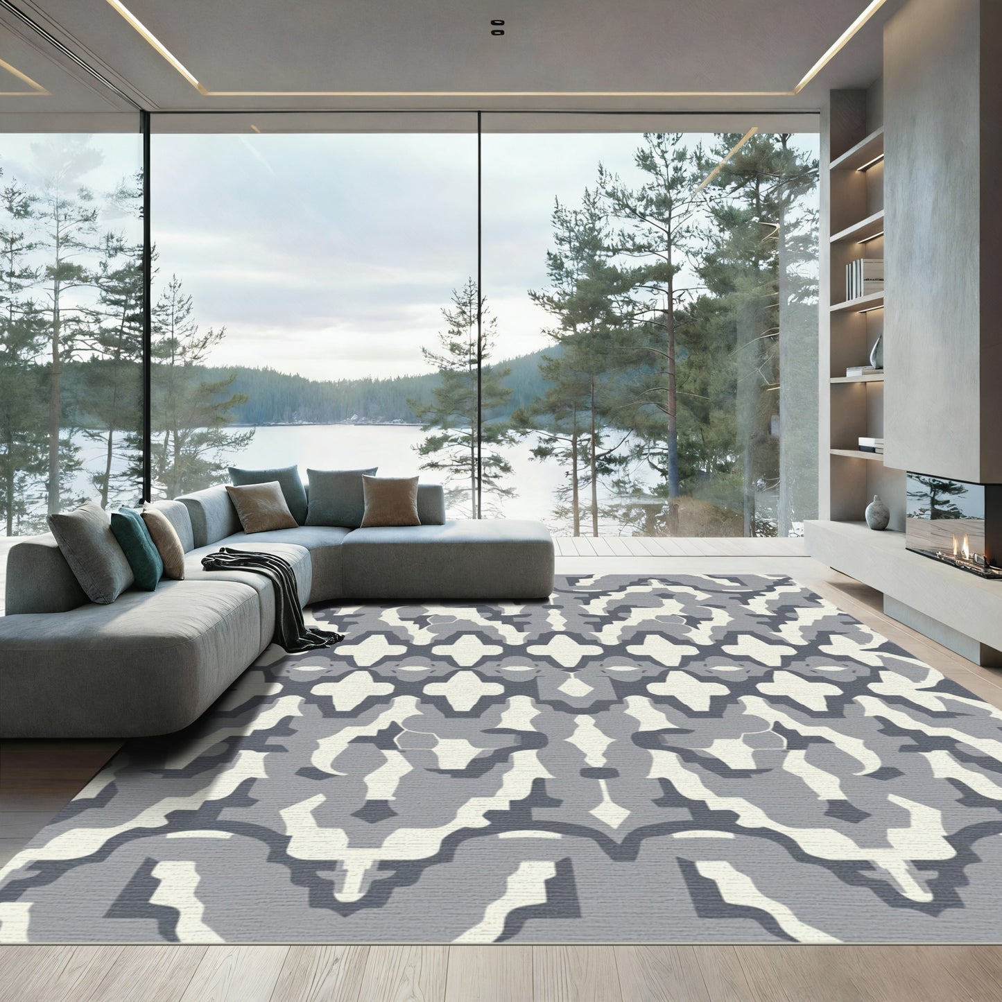 Abstract Geometric Grey Camouflage Rug