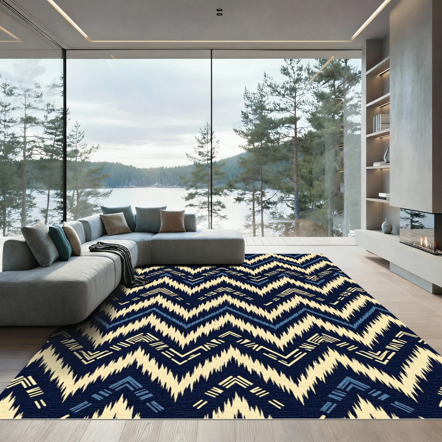 Midnight Navy Chevron Geometric Ikat Rug