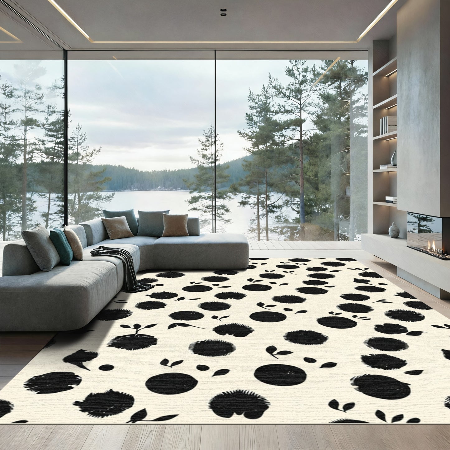 Cream Black Spiky Circles Organic Growth Rug