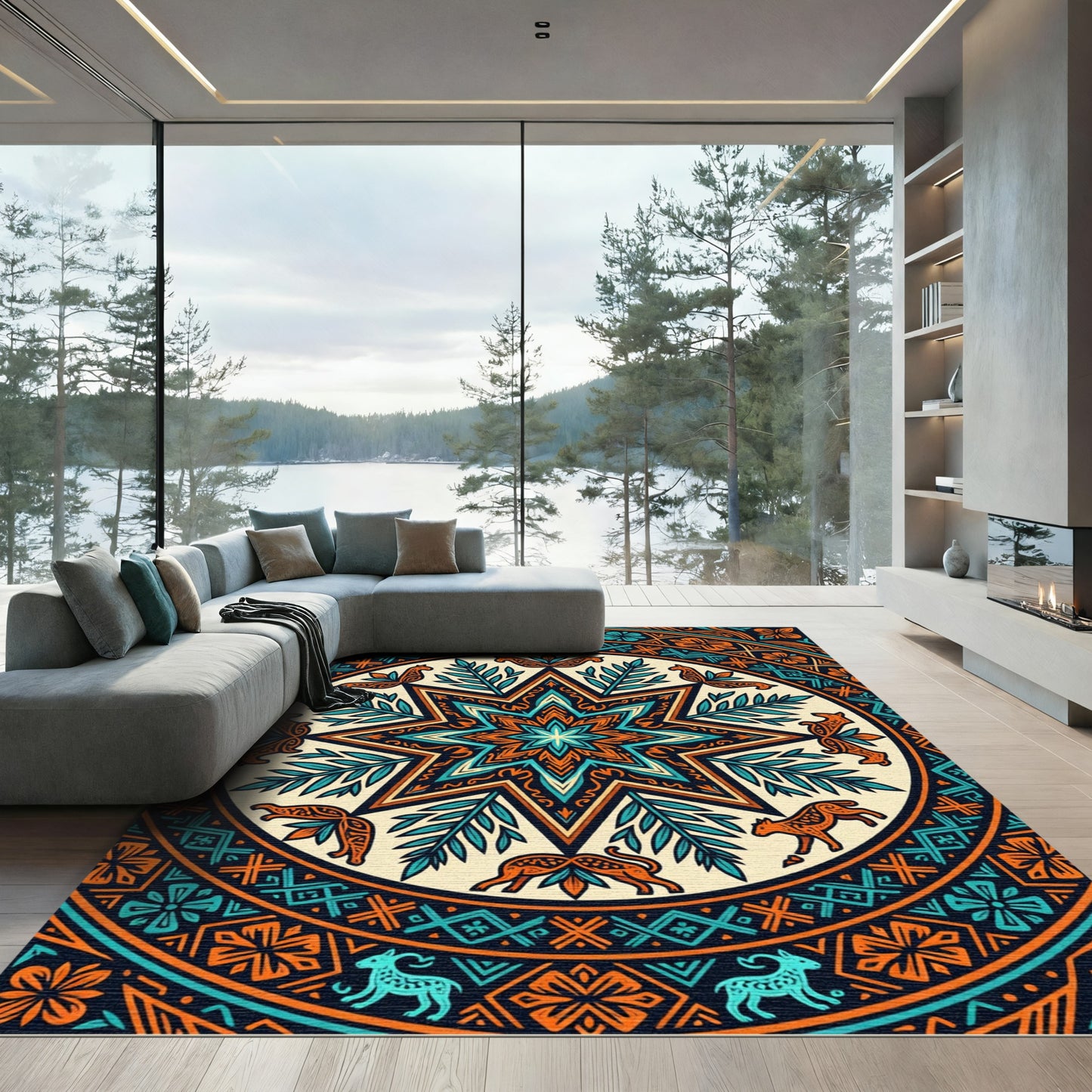 Vibrant Teal and Orange Star Medallion Rug