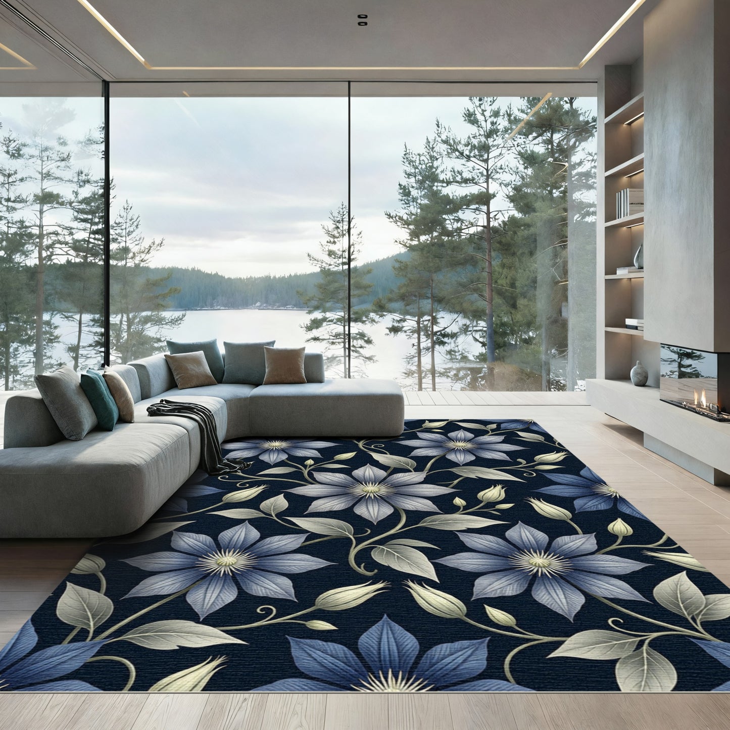 Elegant Midnight Blue Clematis Floral Blossom Rug