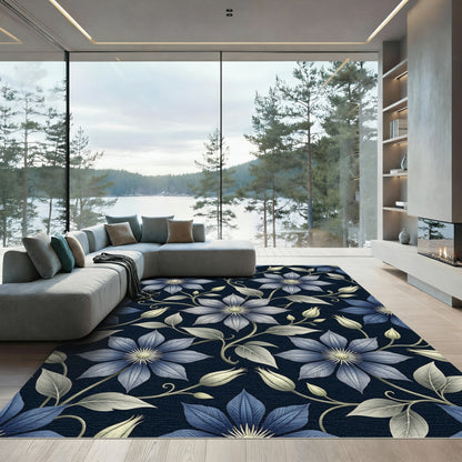 Elegant Midnight Blue Clematis Floral Blossom Rug