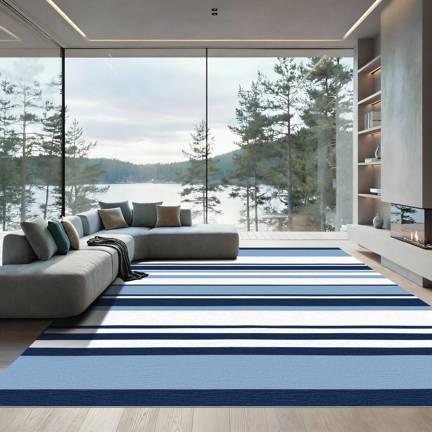 Nautical Navy Sky White Stripes Rug