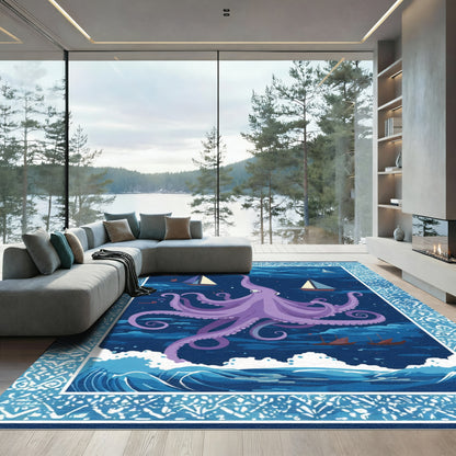 Purple Octopus Sailing Scene Rug
