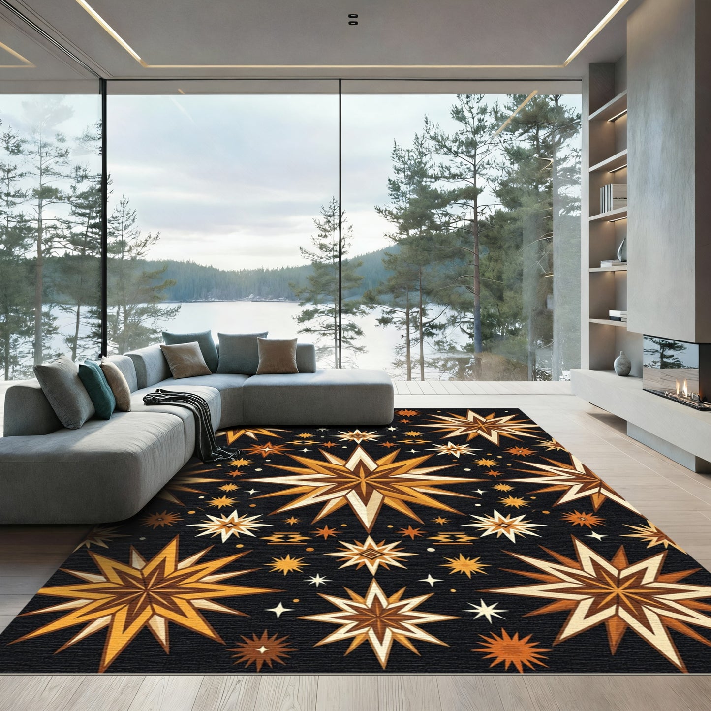 Golden Celestial Starry Night Geometric Rug