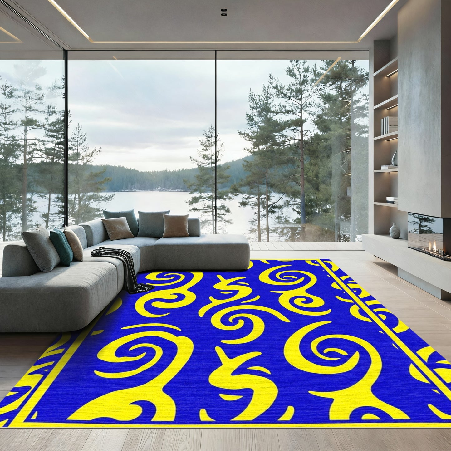 Vibrant yellow swirls on blue backdrop Rug