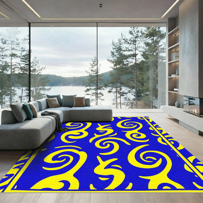 Vibrant yellow swirls on blue backdrop Rug