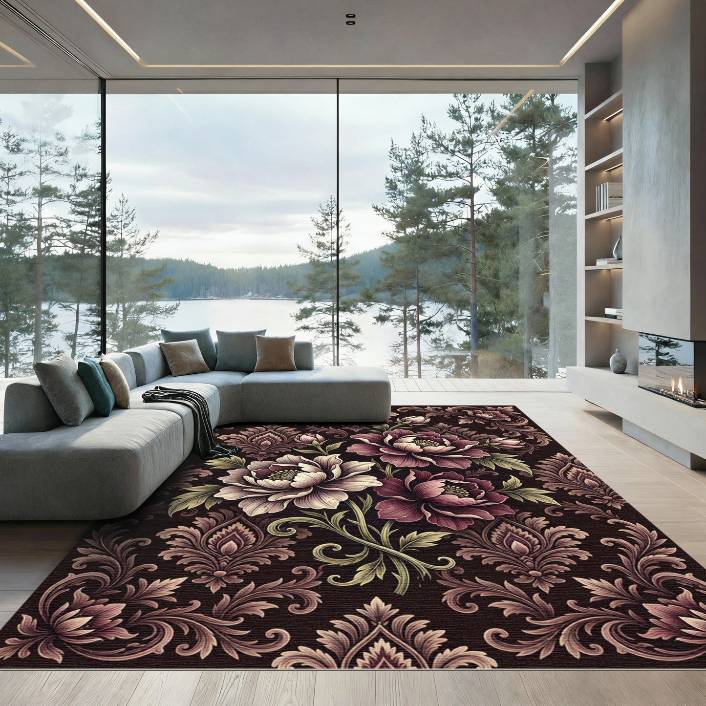 Damask Floral Bloom Dark Rose Rug